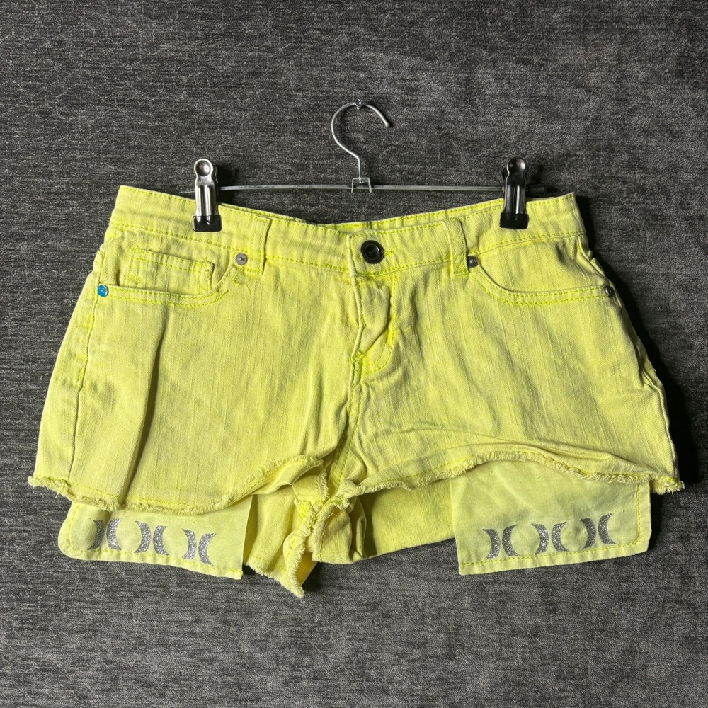 Sporty Hurley Neon Yellow Denim Cutoff Shorts Girls Size 16 Glitter Logo Raw Hem